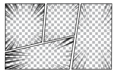 Black and white comic background with various pop art shapes. Rays, radial, halftone.