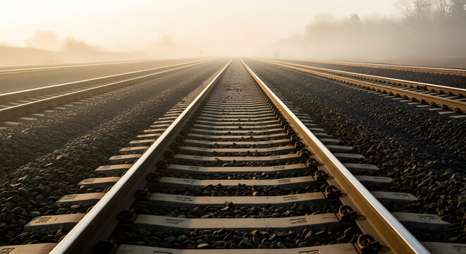 Multiple parallel railway tracks converging into heavy fog at su