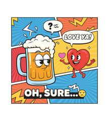 Fototapeta premium Vintage 1950s inspired cartoon panel with a funny beer and heart interaction perfect for sarcastic Valentine's Day merchandise.