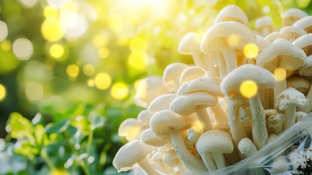 Cluster of white king oyster mushroom growing with bokeh background. Edible fungus farm cultivation. Organic vegetable.