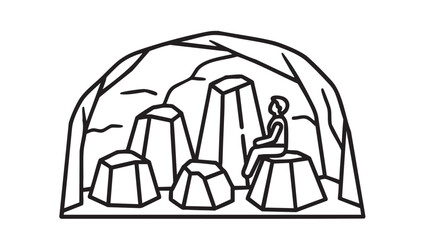 A person sitting on a rock in a cave surrounded by stones