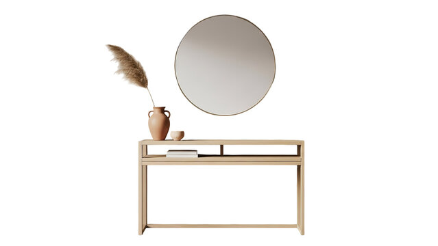 Light wood console table with round mirror and terracotta vase