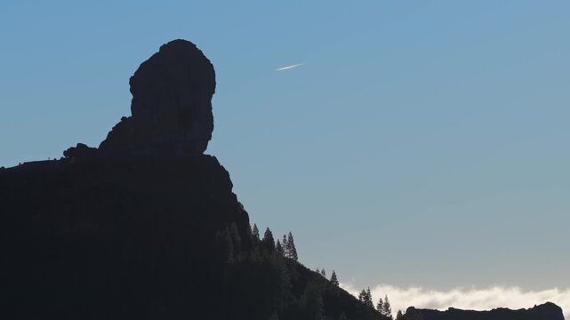 Roque Nublo Sunset Silhouette Aerial View, Volcanic Highlands, Gran Canaria, Spain - 4K Cinematic Golden Hour