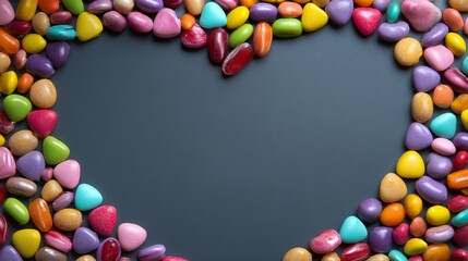 Fototapeta premium A colorful arrangement of jelly beans forming a heart shape on a dark background