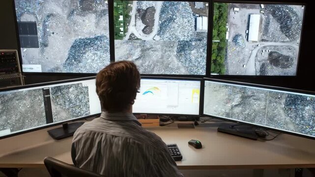 Operator observing multiple transparent displays with AIenhanced visualizations of waste types and disposal patterns.