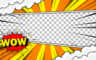 Comic background. Pop art style sunburst halftone pattern. Vector illustration.