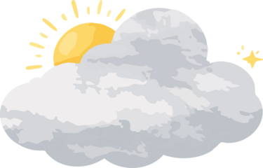 A gentle, hand-painted style illustration of a fluffy gray cloud partially covering a warm yellow sun with soft rays and small decorative sparkles