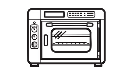 Fototapeta premium A simple line drawing of an oven with a visible interior and control panel on a white background