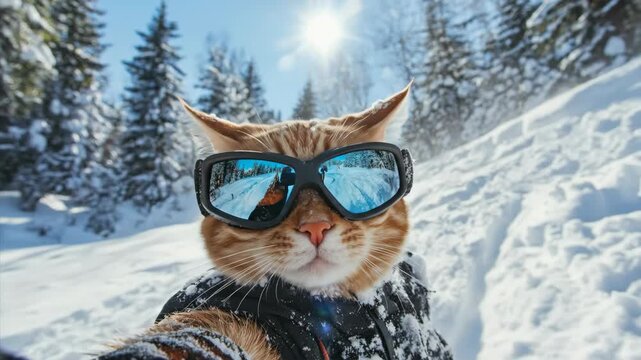 Ginger cat with ski goggles and jacket taking a snowy selfie on a winter mountain resort looking at the sky and camera