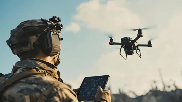 Soldier operating drone with controller. Military personnel conducting surveillance with unmanned aerial vehicle. Tactical reconnaissance.