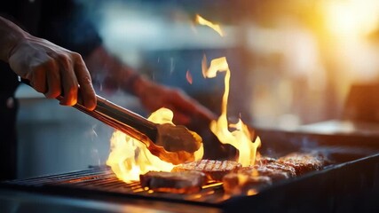 Medium shot of a chef demonstrating expert grilling techniques on a barbecue highlighting tool handling and flame control in a bright outdoor kitchen.