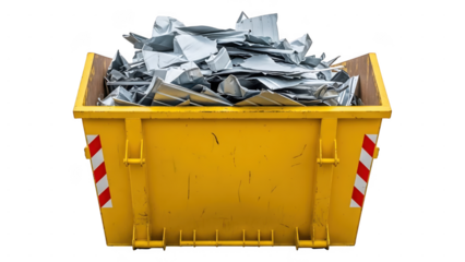 Full yellow dumpster with crumpled metal sheets