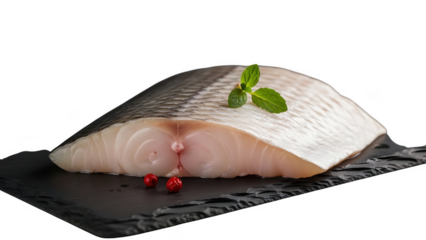 Freshly cut fish fillet with garnish on dark slate