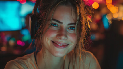 Fototapeta premium Young Woman Gamer in Casual Attire Smiling and Focused on Computer with LED Lights - Teenager Immersed in Online Gaming and E-sports with Bright Expressions During Nighttime Gaming Session