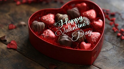 A heart-shaped box of assorted chocolates on a wooden table for Valentine's Day
