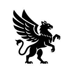 Fototapeta premium Majestic griffin silhouette standing, mythical creature vector illustration, heraldic beast with eagle wings and lion body mascot, black and white fantasy emblem isolated on white background