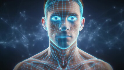 Advanced facial recognition scanning a human face with intricate data mesh, symbolizing artificial intelligence, biometric security, and future digital identity technology - Powered by Adobe