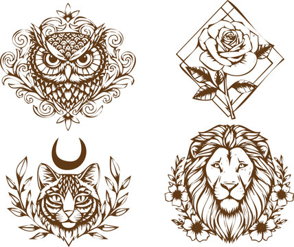 An engraving art set of four ornate vintage style line art illustrations owl, rose in diamond, cat with crescent moon, and lion head with flowers