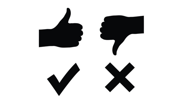Thumbs up thumbs down checkmark and cross symbols in black silhouette