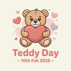 Fototapeta premium Brown teddy bear holding a large red heart with floating hearts around it and text about Teddy Day