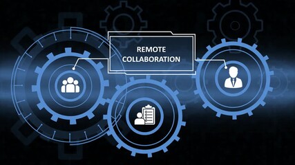 Futuristic concept of remote collaboration with interconnected gears and business icons representing digital teamwork and efficient workflow management.