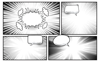 Black and white comic abstract scene page background.