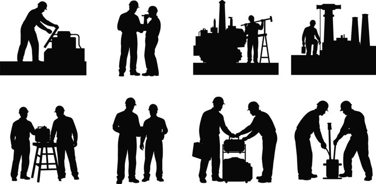 Industrial worker silhouettes set with engineers technicians machinery equipment construction factory labor safety teamwork vector illustration