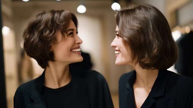 Adult twin sisters trying on similar outfits in a boutique mirror, laughing as they compare styles &mdash; fashion, identity, and the joy of sibling bonding. cinematic color correction, natural uneven