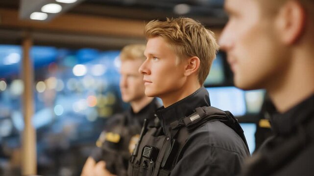 Group of police officers gathered for a pre-shift briefing, listening attentively to instructions delivered through a police radio in a secure operations room. cinematic color correction, natural