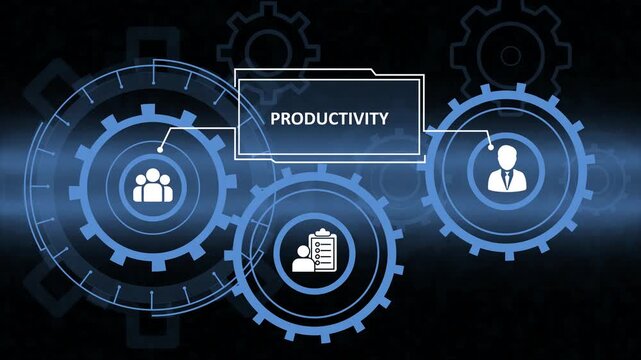 Digital Infographic with Interlocking Gears and Icons for Business Productivity, Teamwork, and Management Strategy Concepts
