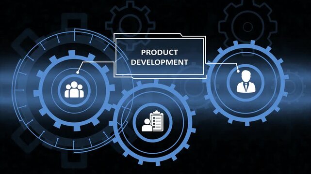 Abstract futuristic interface displaying the text Product Development connected to interlocking blue gears containing business icons representing teamwork, management, & planning on a dark background