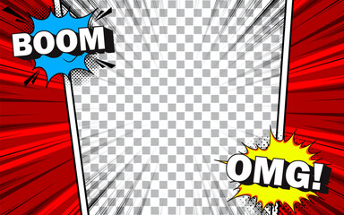 Comic panel background with radial burst effect.