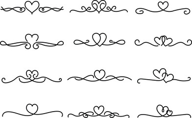 Obraz premium Hand drawn black heart dividers and decorative swirl borders set for wedding and valentine design