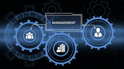 Futuristic Business Management Concept with Interlocking Gears, Human Resource Icons, and Digital Interface Design for Corporate Strategy and Process Optimization