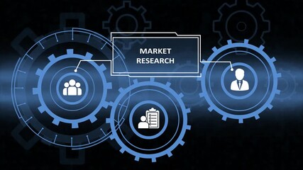 A futuristic digital illustration representing Market Research. Interlocking blue gears display icons of people, customers, and surveys, connected to a central text box on a dark technological