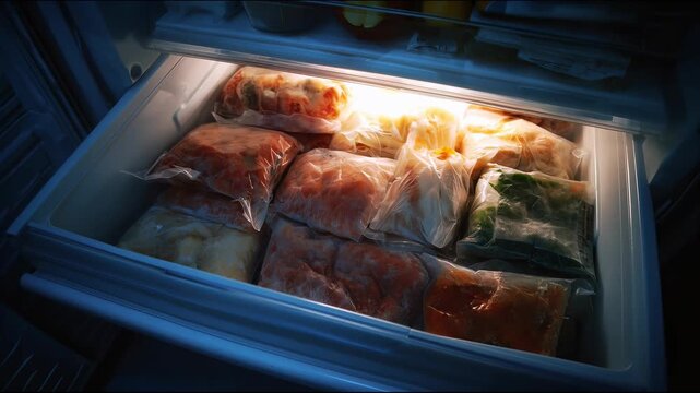 Open freezer drawer filled with vacuum-sealed bags of frozen food illuminated by warm light inside the cold chamber