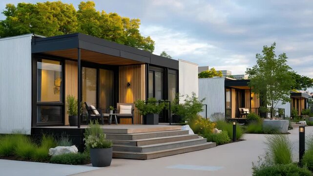 A modular housing community featuring identical base units adapted with different facades, illustrating personalization within standardized construction systems. cinematic color correction, natural