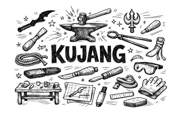 Blacksmithing tools and Kujang weapon illustration in a doodle art style