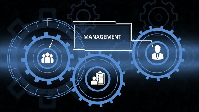 Futuristic Business Management Concept with Interlocking Gears, Human Resource Icons, and Digital Interface Design for Corporate Strategy and Process Optimization
