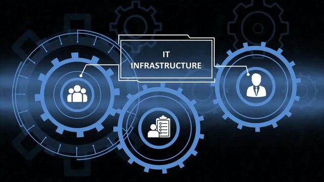 Digital illustration of IT Infrastructure text connected to interlocking gears with management and user icons on a glowing blue futuristic background, symbolizing technical systems organization.