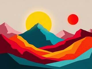 Vibrant mountain landscape with colorful sun and moon