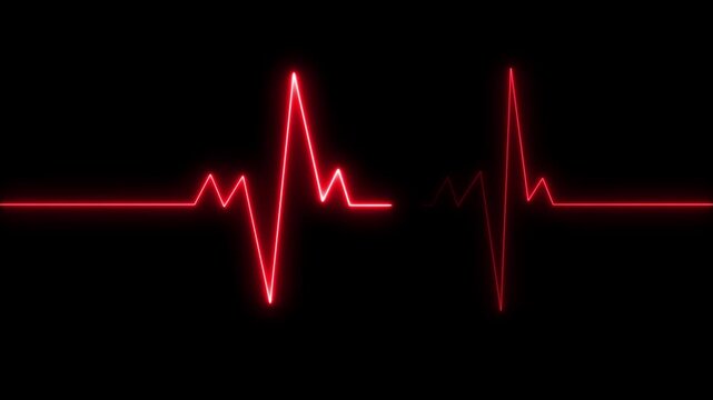 Red E C G heartbeat line graph on black background, electrocardiogram pulse rhythm animation, medical technology concept