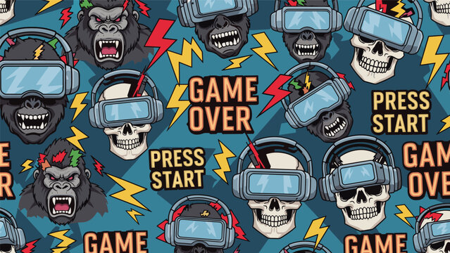 Energetic seamless pattern with gorillas and skulls wearing virtual reality headsets and gaming text game over press start.