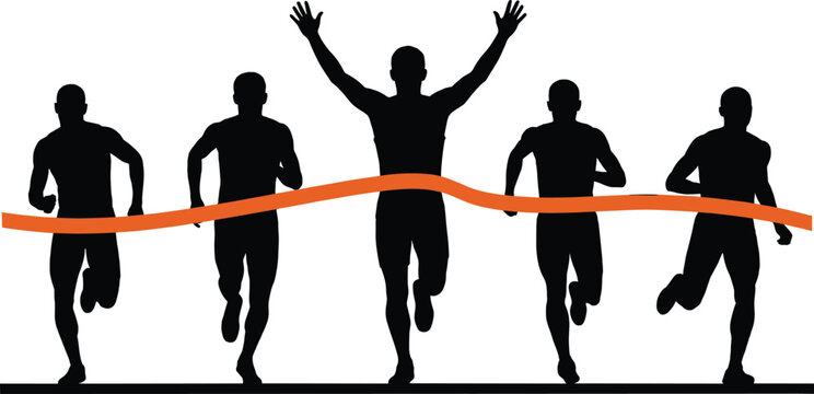 Silhouette group of runners crossing finish line in competitive race with winning athlete celebrating victory in dynamic sports action