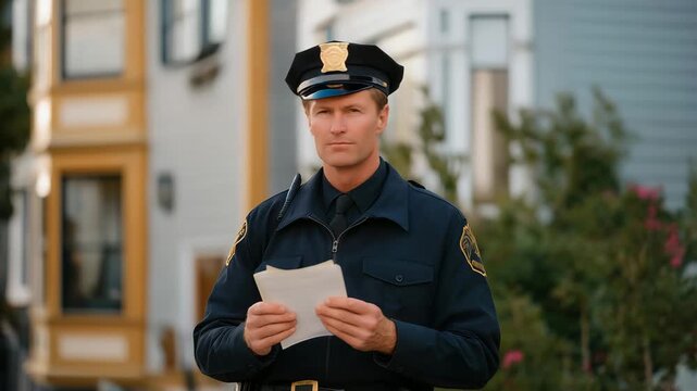 An officer checking a police radio message during daytime foot patrol in a residential neighborhood, highlighting routine policing, vigilance, and community protection. cinematic color correction,