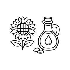 Sunflower with Oil Jug and Seeds Vector Illustration, Healthy Cooking Concept