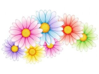 Colorful illustration of multiple flowers in various bright hues isolated on white background