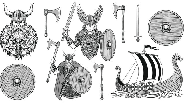 Detailed collection of Viking warriors, weapons, shields, and a longboat, illustrated in a classic black and white engraved style.