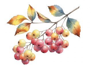 Watercolor illustration of a branch with colorful berries and leaves isolated on white background