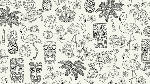 Detailed seamless pattern featuring tiki masks, flamingos, palm trees, pineapples, sea turtles, and hibiscus flowers in line art.